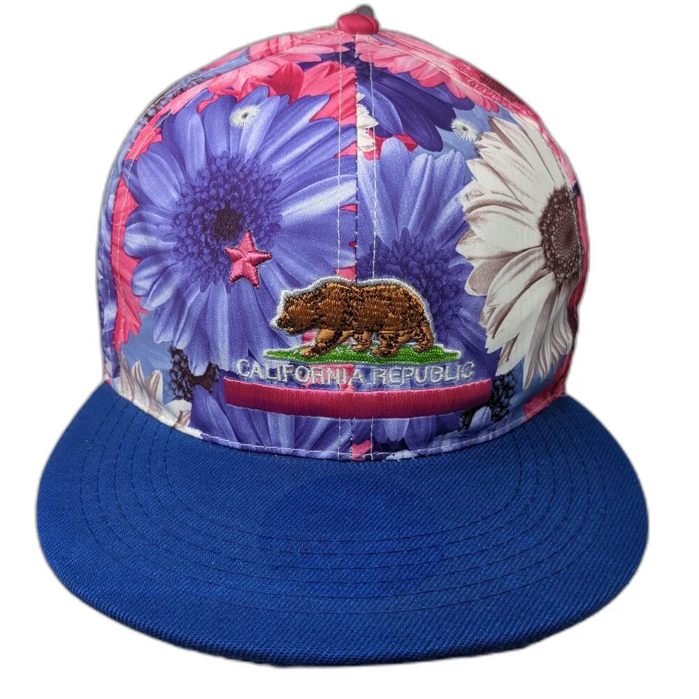 SNCO California Republic Floral Bear Hat Blue One Size Snapback Flat Brim Daisy